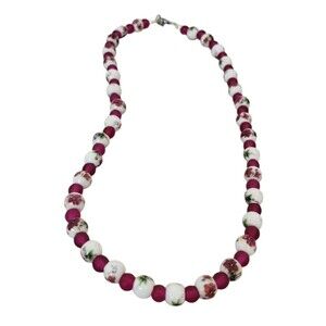 Vintage Peony Floral Ceramic Beads Necklace, Cranberry Glass, Elegant Handmade J